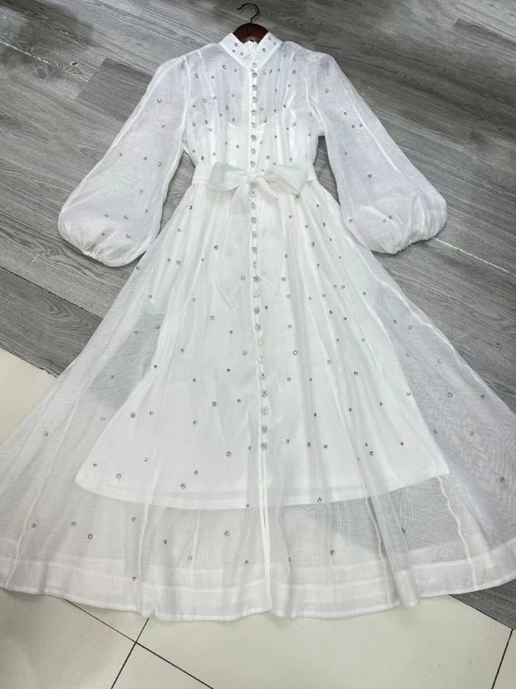 Elegant Long Dress British Style Fashion Beading Single Breasted Design Gentle Temperament Dresses Women 2025 Spring Autumn
