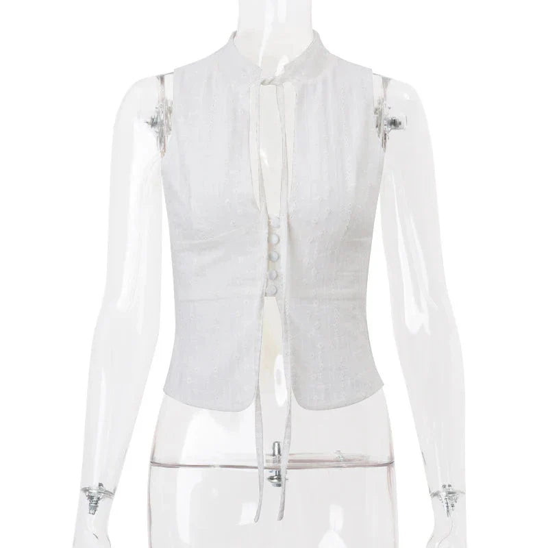 y2k Tank Top Clothes White Flower Embroidery Mock Neck Front Cutout Sleeveless T Shirt Vest Streetwear