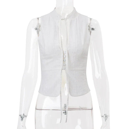 y2k Tank Top Clothes White Flower Embroidery Mock Neck Front Cutout Sleeveless T Shirt Vest Streetwear