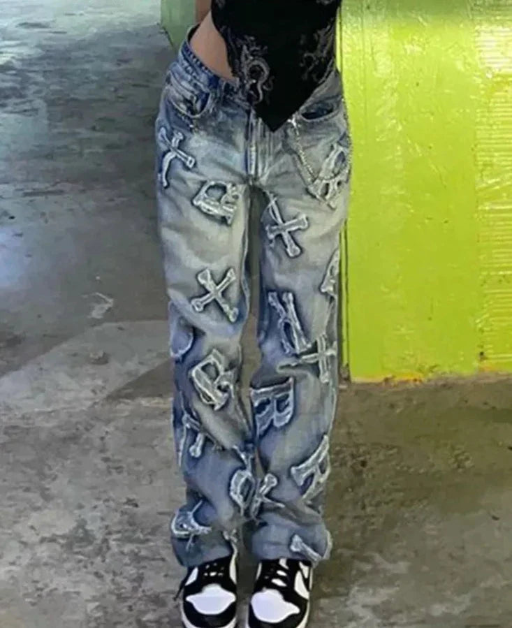 Women's Stylish Baggy Jeans with Patchwork Letter Design | Ideal for All Seasons