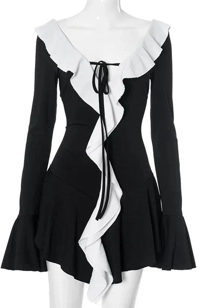 V Neck Long Sleeve Patchwork Mini Dress