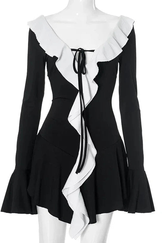 V Neck Long Sleeve Patchwork Mini Dress