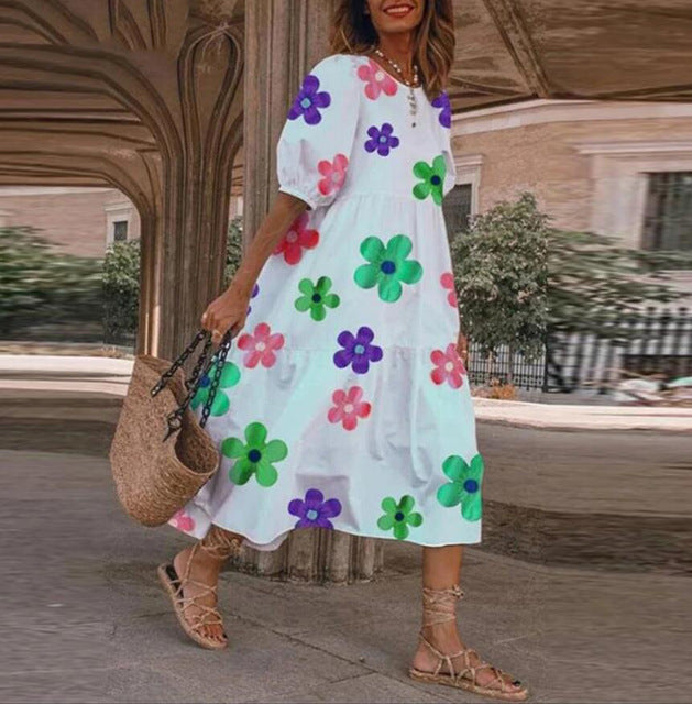 2025 Summer New Women&#8217;s Print Dress Puff Short Sleeves Ruffles Loose A-line Midi Dresses Fashion Casual Beach Vacation Vestidos
