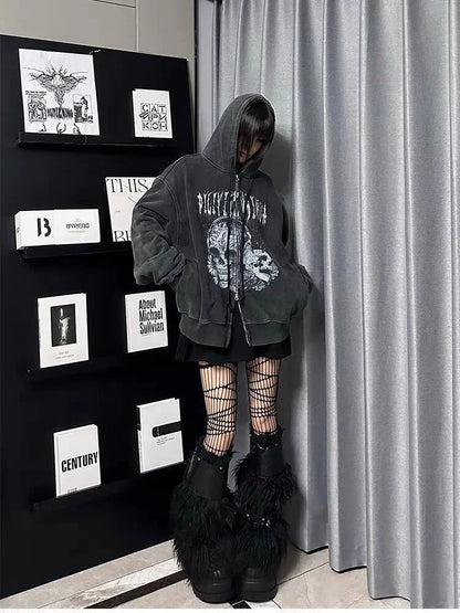 Distressed Skull Print Coat