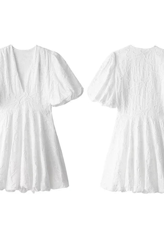 V Neck Puff Sleeve Mini Dress