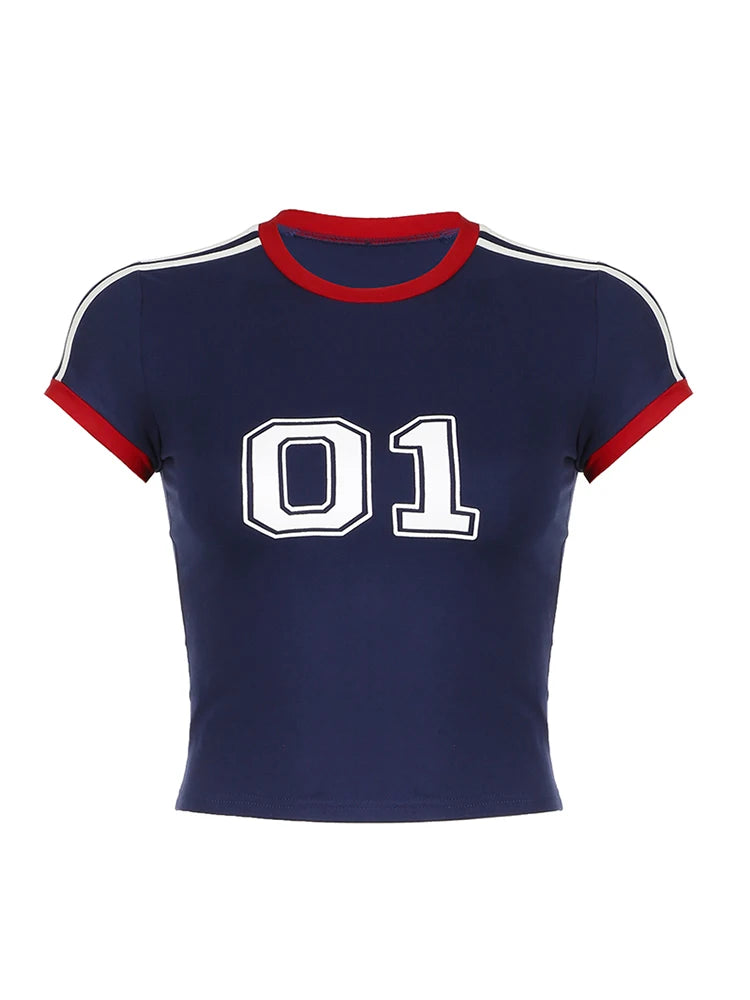 Digital Print Y2K Short Sleeve T Shirt Women Contrast Binding O Neck Slim Crop Tee Casual Preppy Tops Sporty Football Jersey