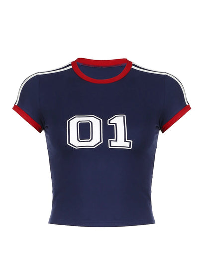 Digital Print Y2K Short Sleeve T Shirt Women Contrast Binding O Neck Slim Crop Tee Casual Preppy Tops Sporty Football Jersey