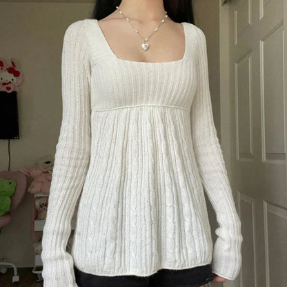Vintage Babydoll Tops Pullovers Lady Aesthetic Coquette Knit Sweaters Outfit Square Neck Long Sleeve Knitwear Jumpers Y2k
