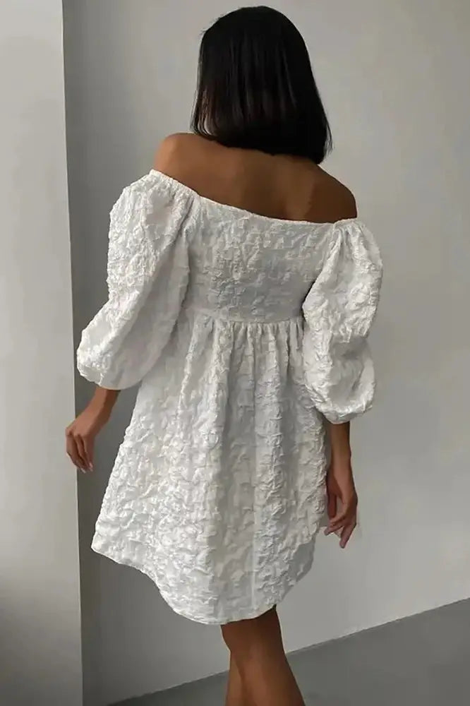 Jacquard V-Neck Mini Dress with Bubble Sleeves