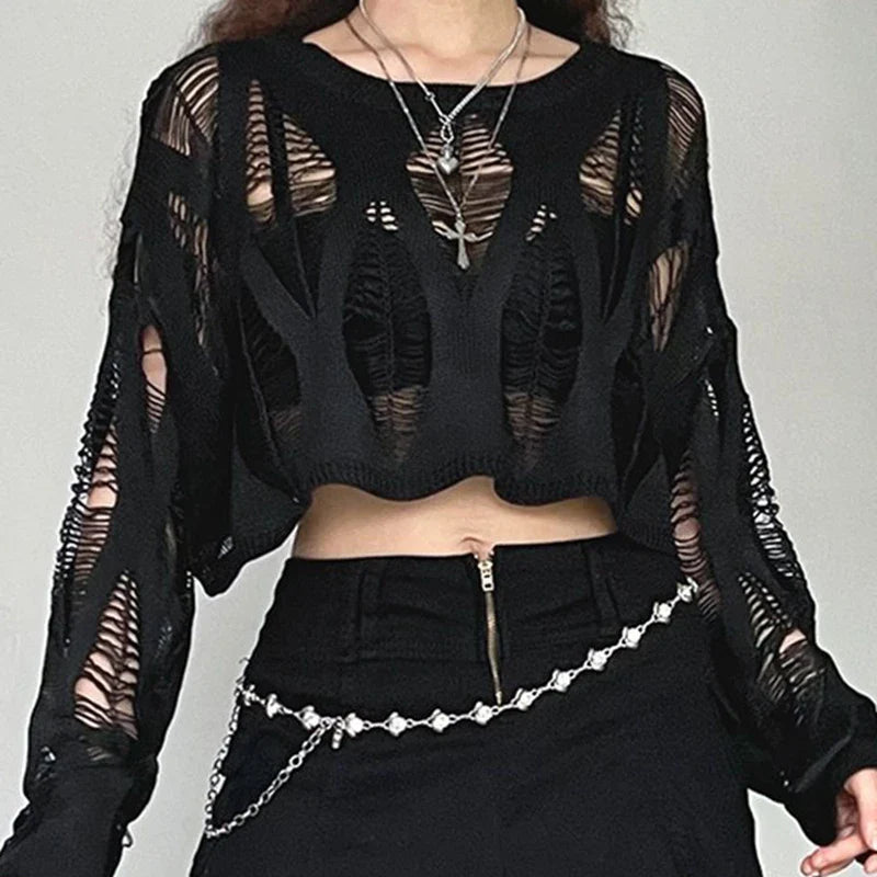 Hole Hollow Out Y2K T-shirts Batwing Sleeve Knitted Shirt For Loose Streetwear Tops
