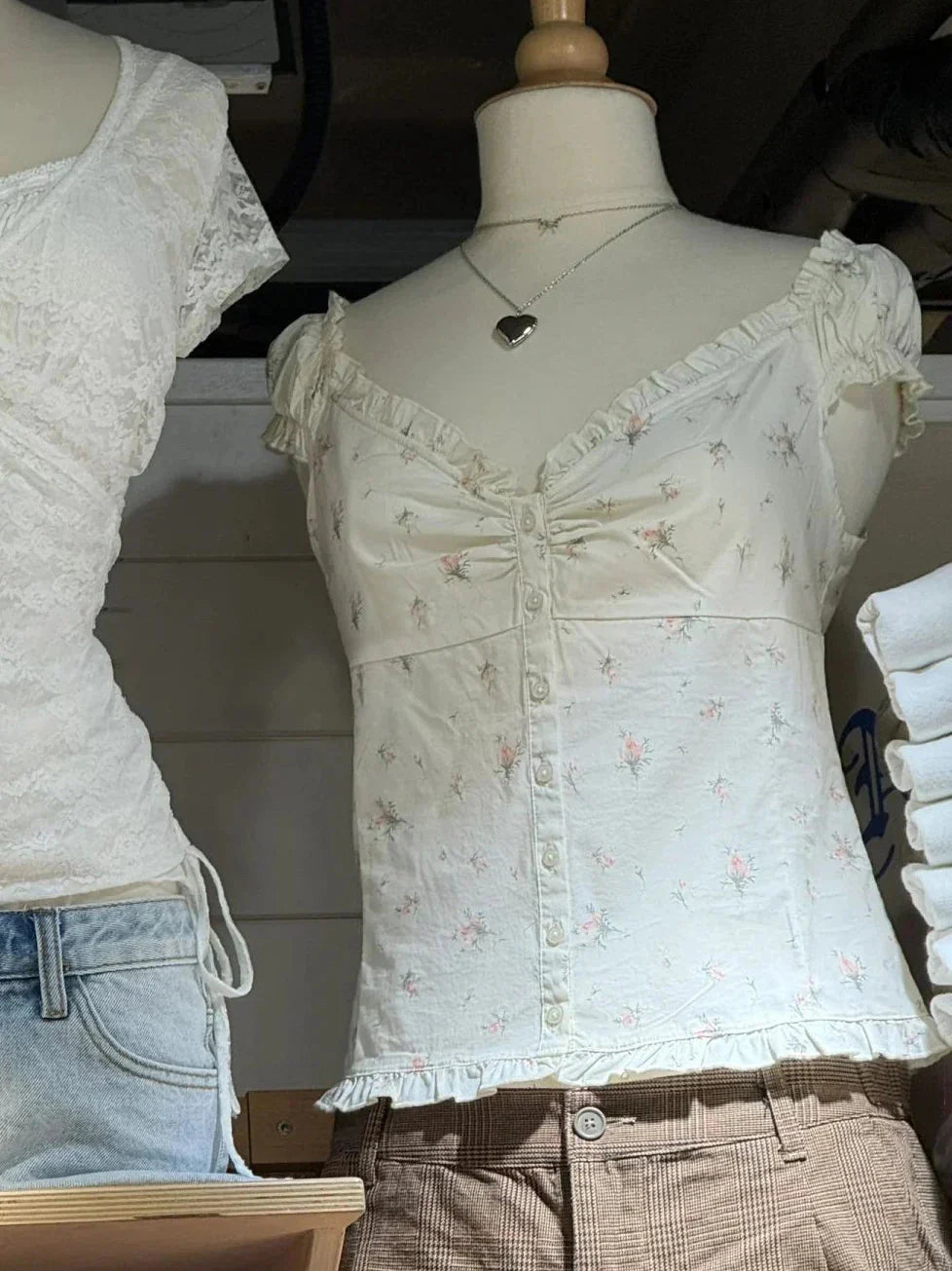Ruffles White Basic Blouse Top for Woman Folds Single Breasted Sleeveless Tank Tops Casual Cotton Vest Y2k Sweet Camisole