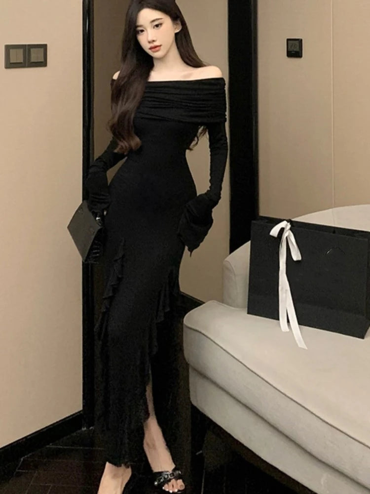 Sexy Bodycon Evening Dresses for Women Long Sleeves Slash Neck Ruffles High Slit Slim Korean Fashion One Piece Vestidos Mujer