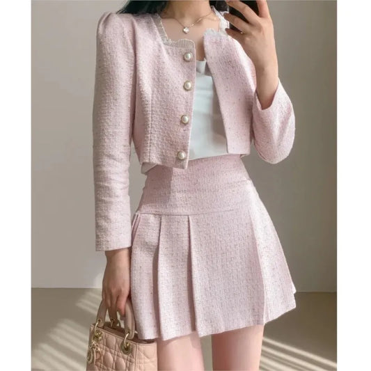 Korean Fashion Elegant Tweed Short Jacket Cropped Coats + High Waist Mini Skirts Suits Autumn New Slim Women Two-Piece Sets