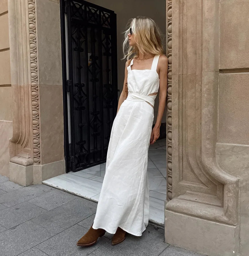Summer White Elegant Midi Dress Women 2024 New Chic Sleeveless Waist Hollow Out Long Dresses Streetwear Fashion Lace-up Vestidos