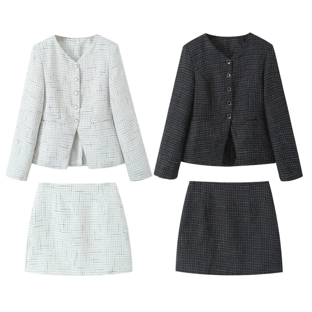 French Style Retro V collar Plaid Woven Tweed Blazer + High Waist Mini Short Skirts Suits 2 pieces 1 Set Black White