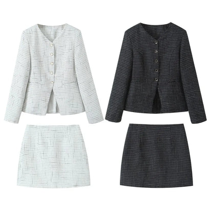 French Style Retro V collar Plaid Woven Tweed Blazer + High Waist Mini Short Skirts Suits 2 pieces 1 Set Black White