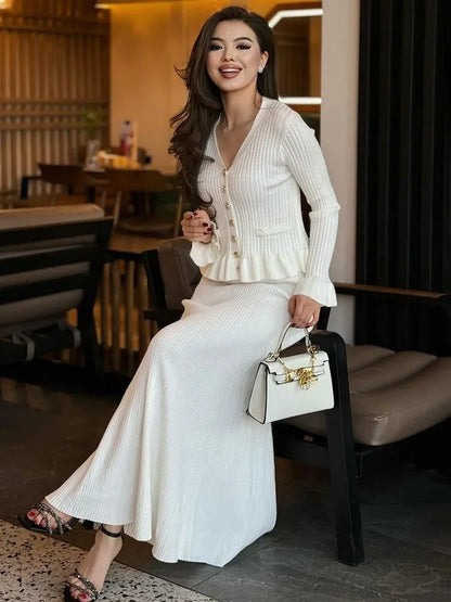 Ruffle Slim Knitted Dress Women&#8217;s V Neck Long Sleeve Mermaid Long Dresses Elastic Button Patchwork Elegant Party Dress