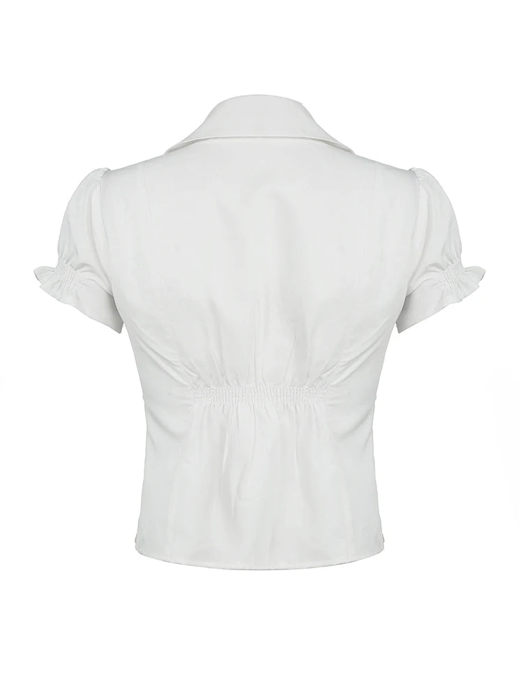 Single Breasted Puff Sleeve White Shirts For Women Button Turn Down Collar Pockets Simple Casual Safari Style Tops