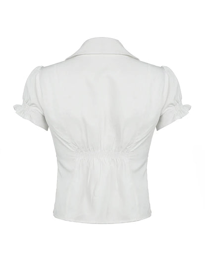 Single Breasted Puff Sleeve White Shirts For Women Button Turn Down Collar Pockets Simple Casual Safari Style Tops