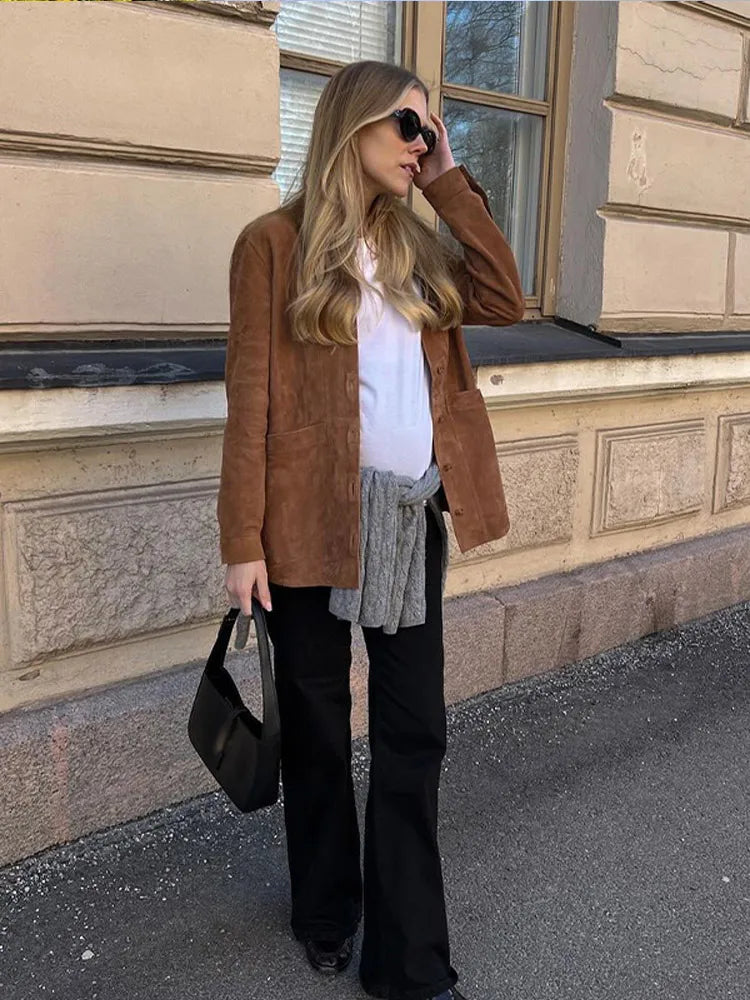 Casual Suede Long Sleeve Jackets Women Autumn Loose Brown Lapel Coat Top With Pockets Female Elegant Chic Street New in Outwear