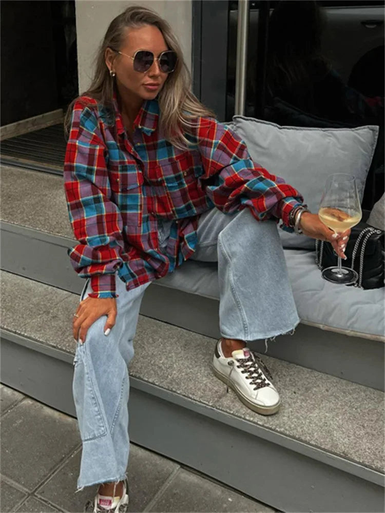 Patchwork Vintage Loose Shirts Female Casual Patchwork Pocket Long Sleeve Contrast Autumn  Outwear Women’s Shirts Tee