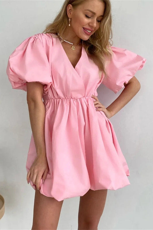 V-Neck High Waist Pleated Mini Dress with Short Sleeves