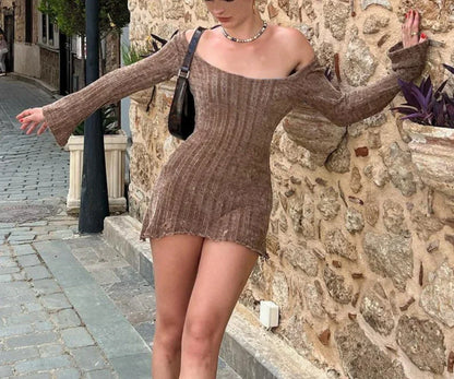 Sexy Autumn Long Sleeve Dresses Vintage Brown Y2k Mini Dress Women's Clothing Sale Outfit Solid Bodycon Short Streetwear Clothes