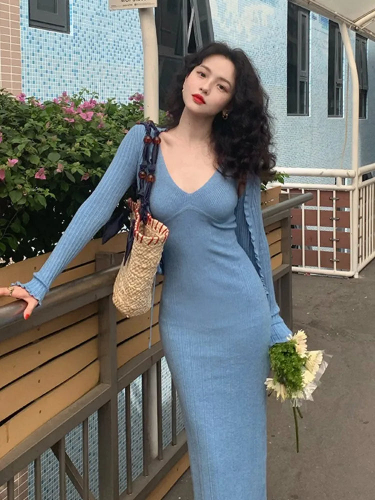Vintage Chic Knitted 2-piece Dress Set Women Crop Cardigan V-neck Spaghetti Strap Bodycon Midi Dress Autumn New Female Clothing