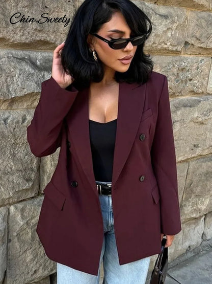 Fashion Burgundy Lapel Blazer Coat Women Elegant Double Breasted Full Sleeve Pocket Jacket  Fall New Female Commute Outwear