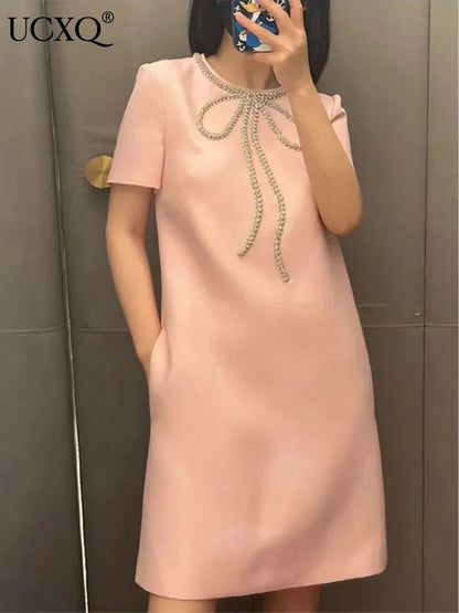 Fashion Short Dress Hotsweet Diamond Beading Bow Solid Color O Neck Elegant A-line Dresses Women 2025 Spring Summer 23A9653