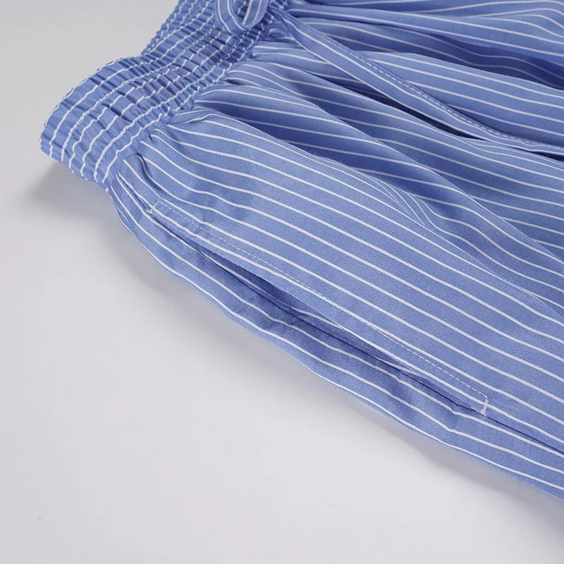 Streetwear Blue Striped Print Casual Pants Elastic Low Rise Loose Trousers y2k Aesthetic Korean Style Hippie Trousers