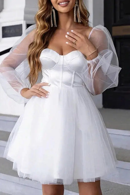 Mesh Patchwork Mini Dress with Square Collar