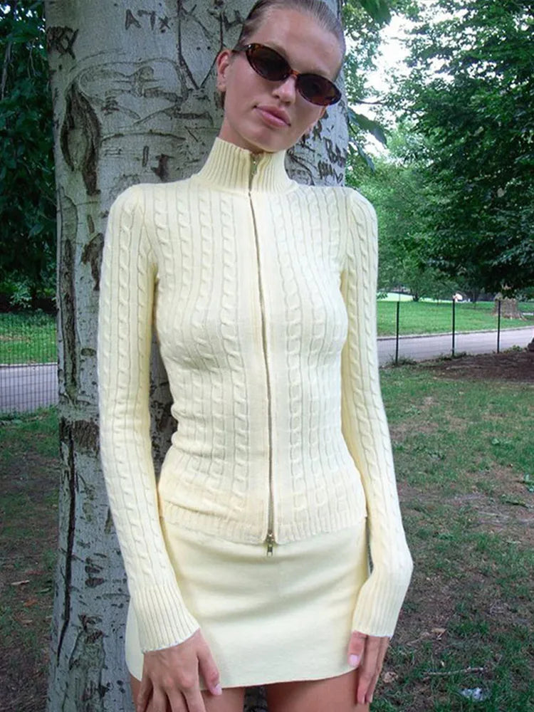 Casual Knitted Solid Zipper Sweater Woman Vintage Slim Fit Stand Collar Cardigan Sweaters Lady Autumn Versatile Street Knitwear