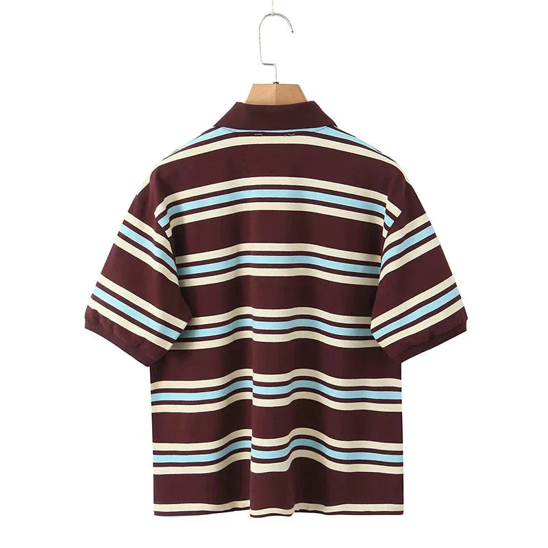 American Retro Contrasting Striped T Shirt Polo Collar Short Sleeve Preppy Vintage Tees Y2K Tops