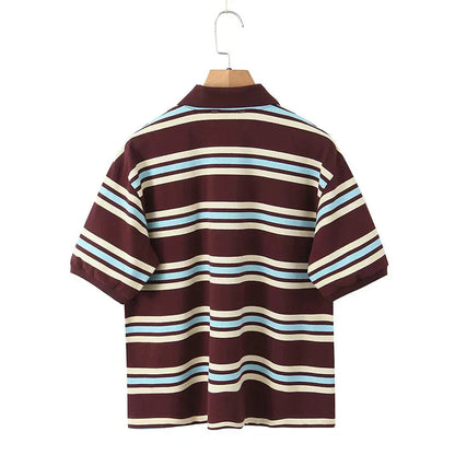 American Retro Contrasting Striped T Shirt Polo Collar Short Sleeve Preppy Vintage Tees Y2K Tops