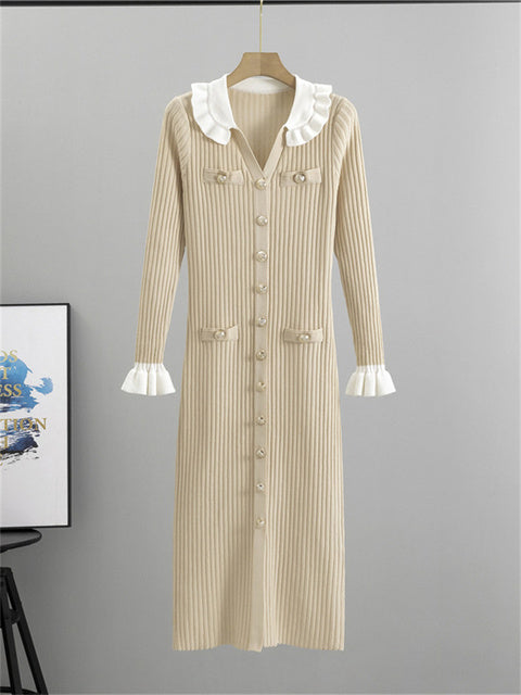 Winter Knitwear V-Neck Maxi Dress Female Ruffled High Waist Cardigan Ribbed Sweater Elegant Party Dress Women’s Knit Dress