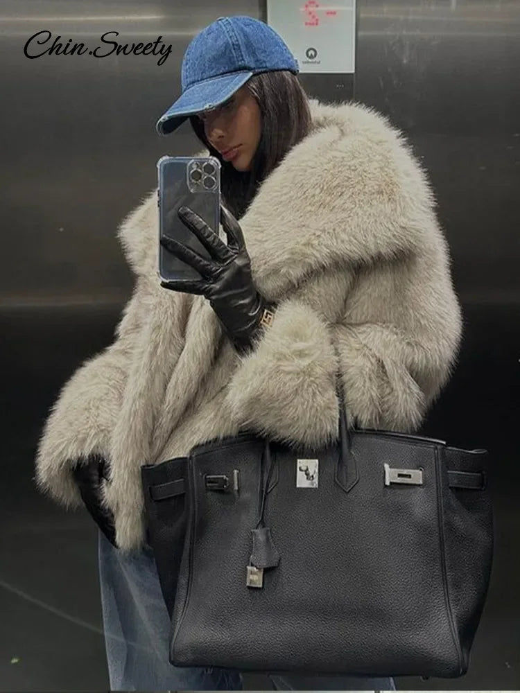 Winter Gradient Faux Fur Coat Women Luxury Big Fur Collar Pockets Loose Jacket Female  Fashion Lady High Street Overcoats