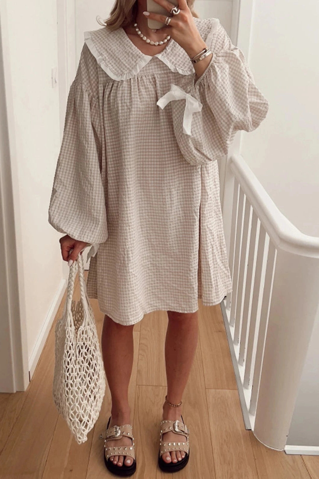 Plaid Mini Dress with Elegant Puff Sleeves
