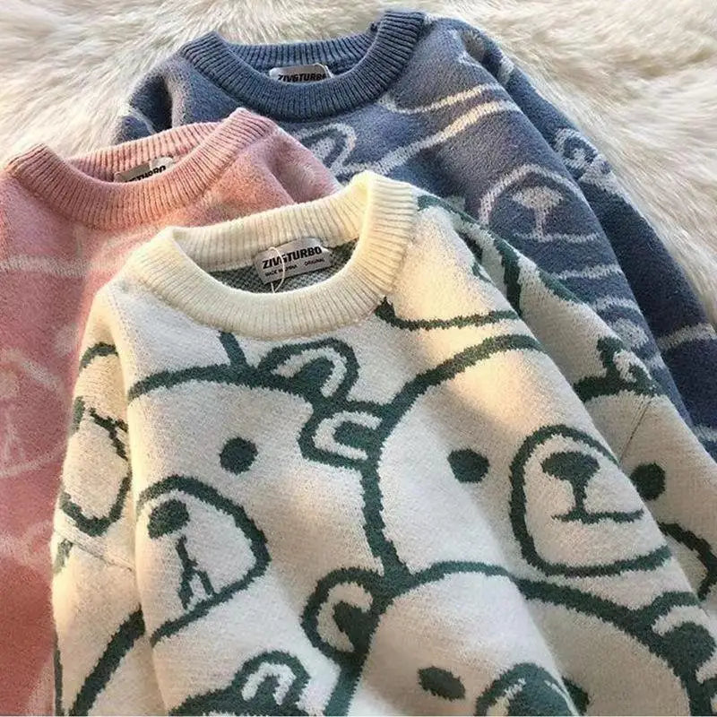 Voguable Winter Thickened Warm Sweater Cartoon Bear Head Graphic Jumper Pullover Preppy Couples Hip Hop Streetwear Y2K Tops Casual