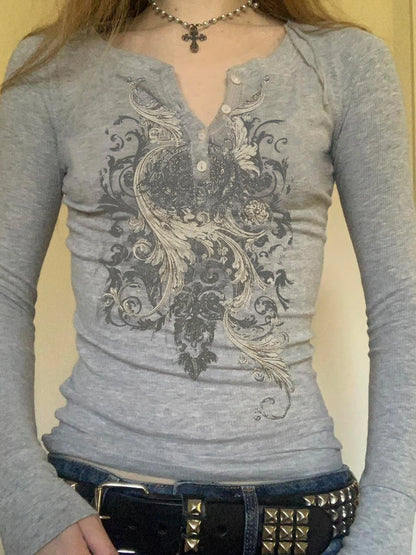 Retro Flower Print Button V-Neck Women¡¯s Top Long Sleeve Y2k Basic All-Match Slim s Fashion New Blouse