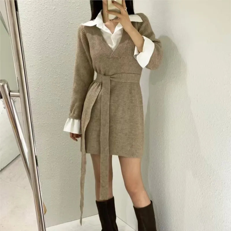 Korean Chic Mini Dresses Women Turn-down Collar Long Sleeve Shirt Patchwork Autumn Winter Knitted Dress Casual Fashion Vestidos