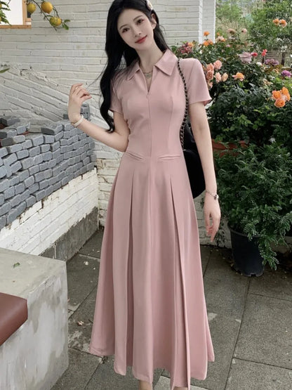 Summer New Casual Slim Solid Dresses for Women Sporty Turn-down Collor A-line Korean Chic Streetwear Simple Vestidos Mujer
