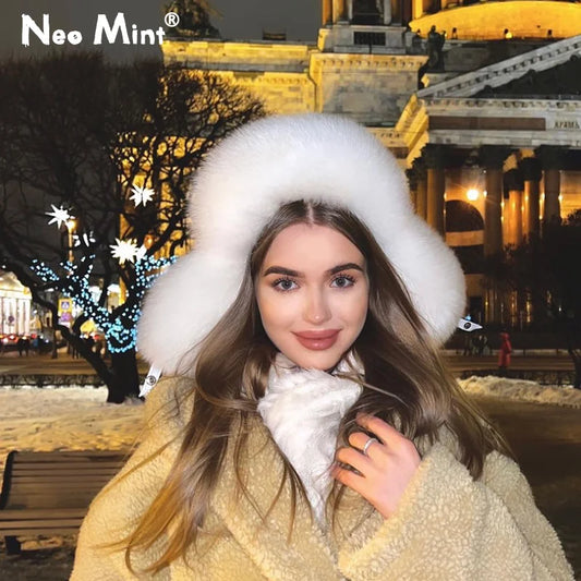 Winter Women Fluffy Furry Faux Fox Fur Bomber Hats Flaps Luxury Vintage Y2k Girls Warm Earflap Snow Ski Hat Caps Russian