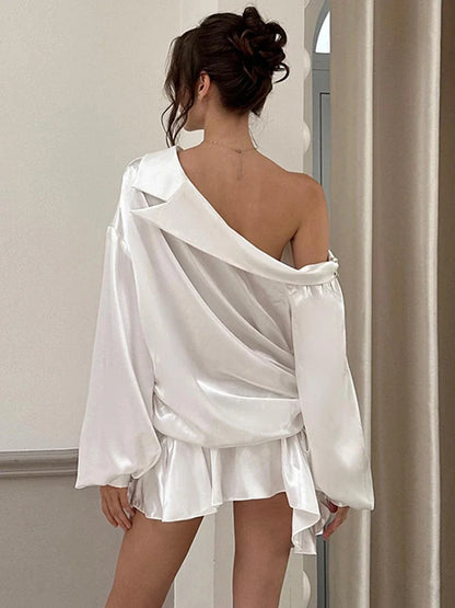 Elegant Draped Mini Dress For Women Sexy Backless Irregular Skew Collar Long Sleeve Party Dresses Solid High Waist