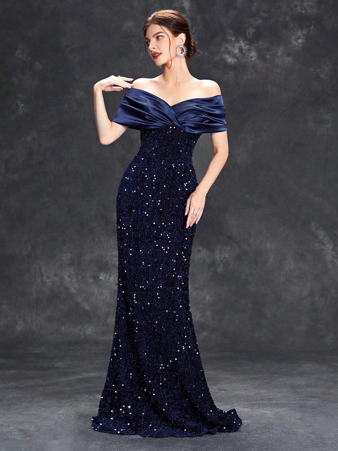 Line neck pleated tint sequin velvet fishtail Dress Evening Gown Ball dress Party dress Bridesmaid dress