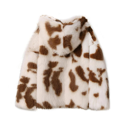 Sweet Harajuku Y2k Fashion Girls Oversized Leopard Faux Fur Coat Women Winter Thicken Fox Fur Jacket Hooded Overcoat Outerwear