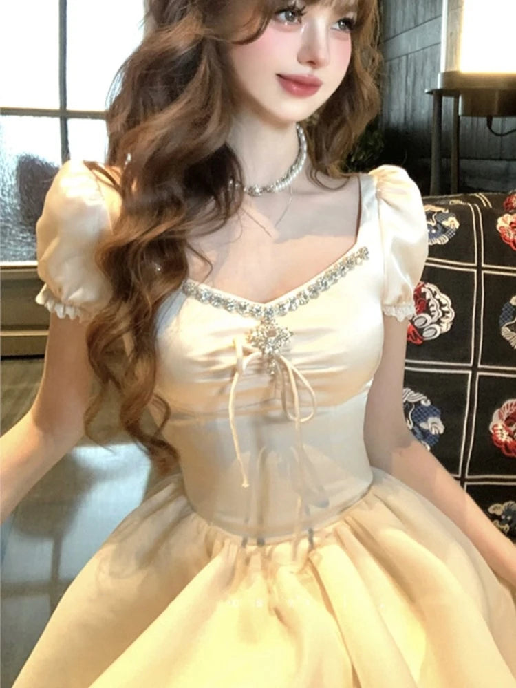Elegant Vintage Princess Birthday Party Mini Dresses for Women Diamons Ball Gown A-line Korean Luxury One Piece Vestido Mujer