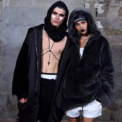 Fashion Runaway Luxury Brand Faux Fur Long Coat Women Big Pocket Warm Jacket Zip Hooded Fake Rabbit Fur Plush Overcoats