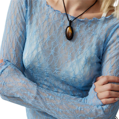 Lace Tops for y2k Clothes Sheer See Through Round Neck Long Sleeve Ruched T Shirt 2000s Clothing Party Clubwear