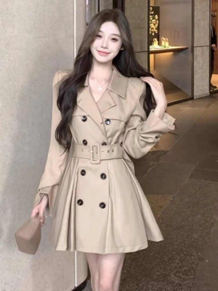 Autumn New Korean Chic Elegant Trench Coat Dresses for Women with Belt Turn-down Collar Double Breasted Casual Female Clothing